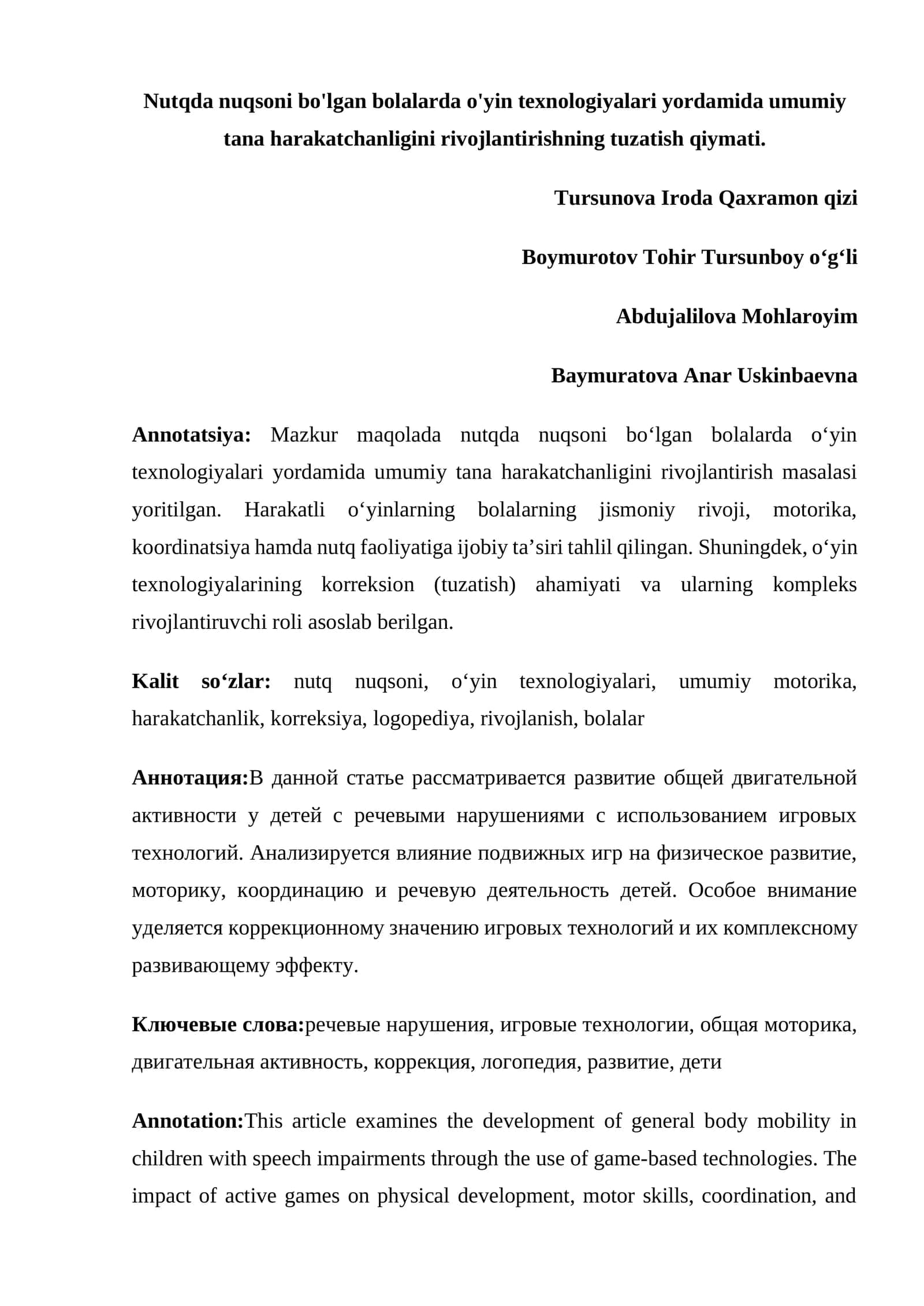 Nutqda nuqsoni bo'lgan bolalarda o'yin texnologiyalari 1