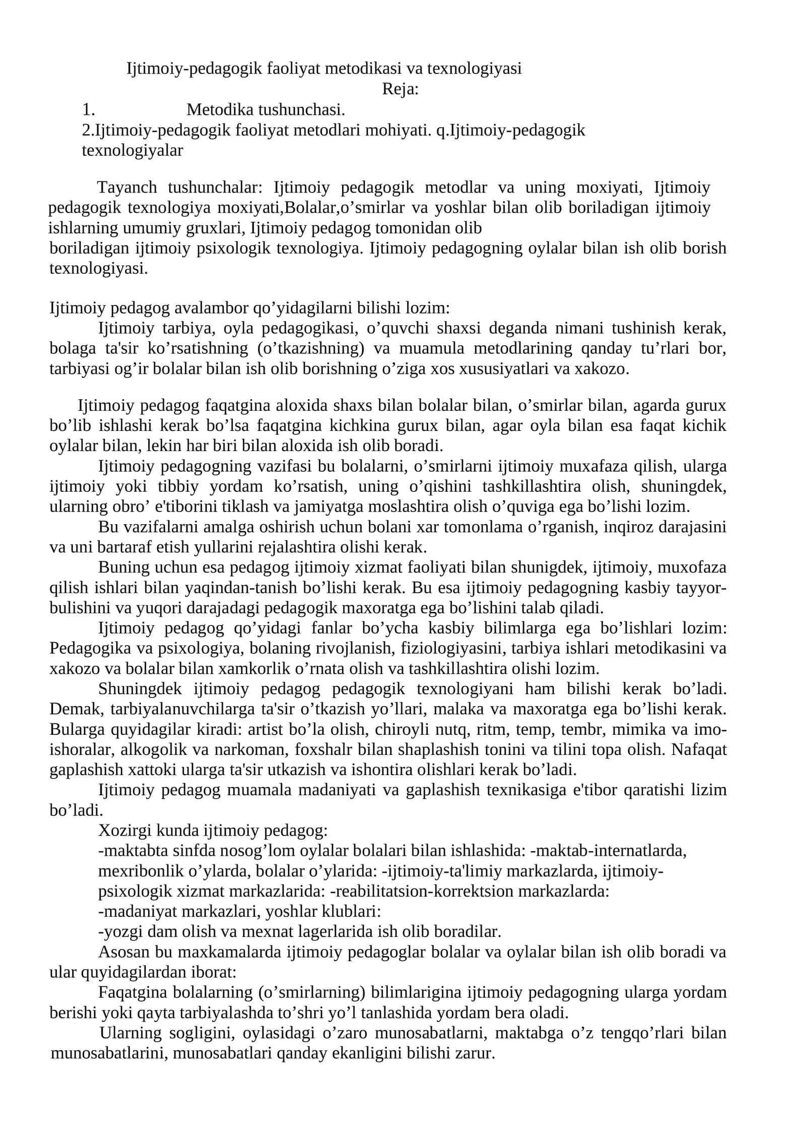 Ijtimoiy-pedagogik faoliyat metodikasi va texnologiyasi 1