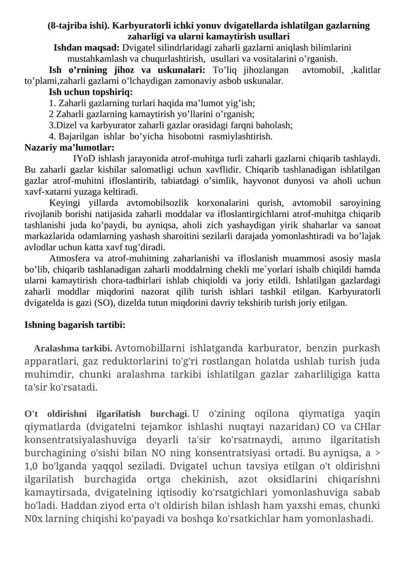 Zaharli gazlarning zaharligi va ularni kamaytirish usullari 1