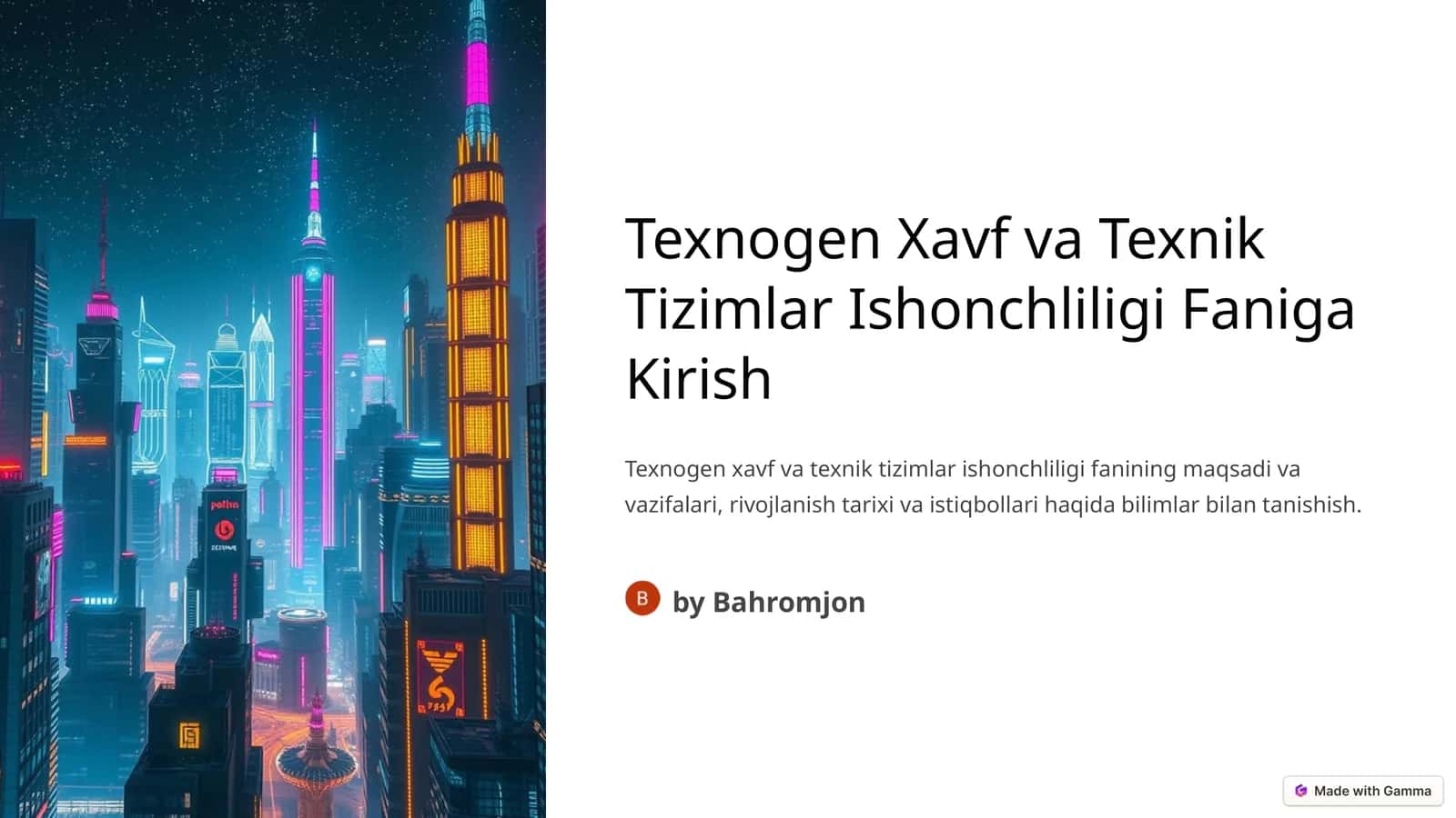 Texnogen Xavf va Texnik Tizimlar Ishonchliligi Faniga Kirish 1