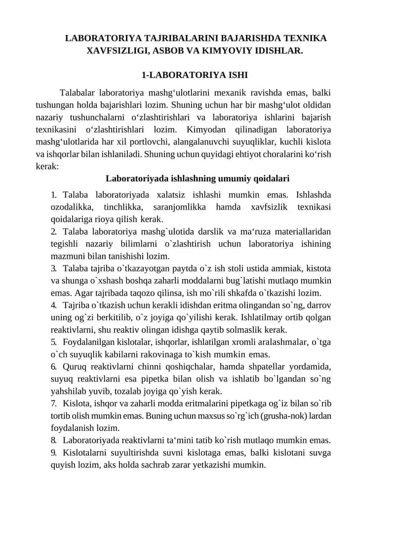 LABORATORIYA TAJRIBALARINI BAJARISHDA TEXNIKA XAVFSIZLIGI, ASBOB VA KIMYOVIY IDISHLAR 1