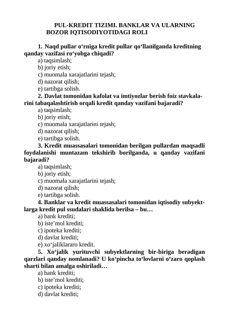 PUL-KREDIT TIZIMI. BANKLAR VA ULARNING BOZOR IQTISODIYOTIDAGI ROLI 1