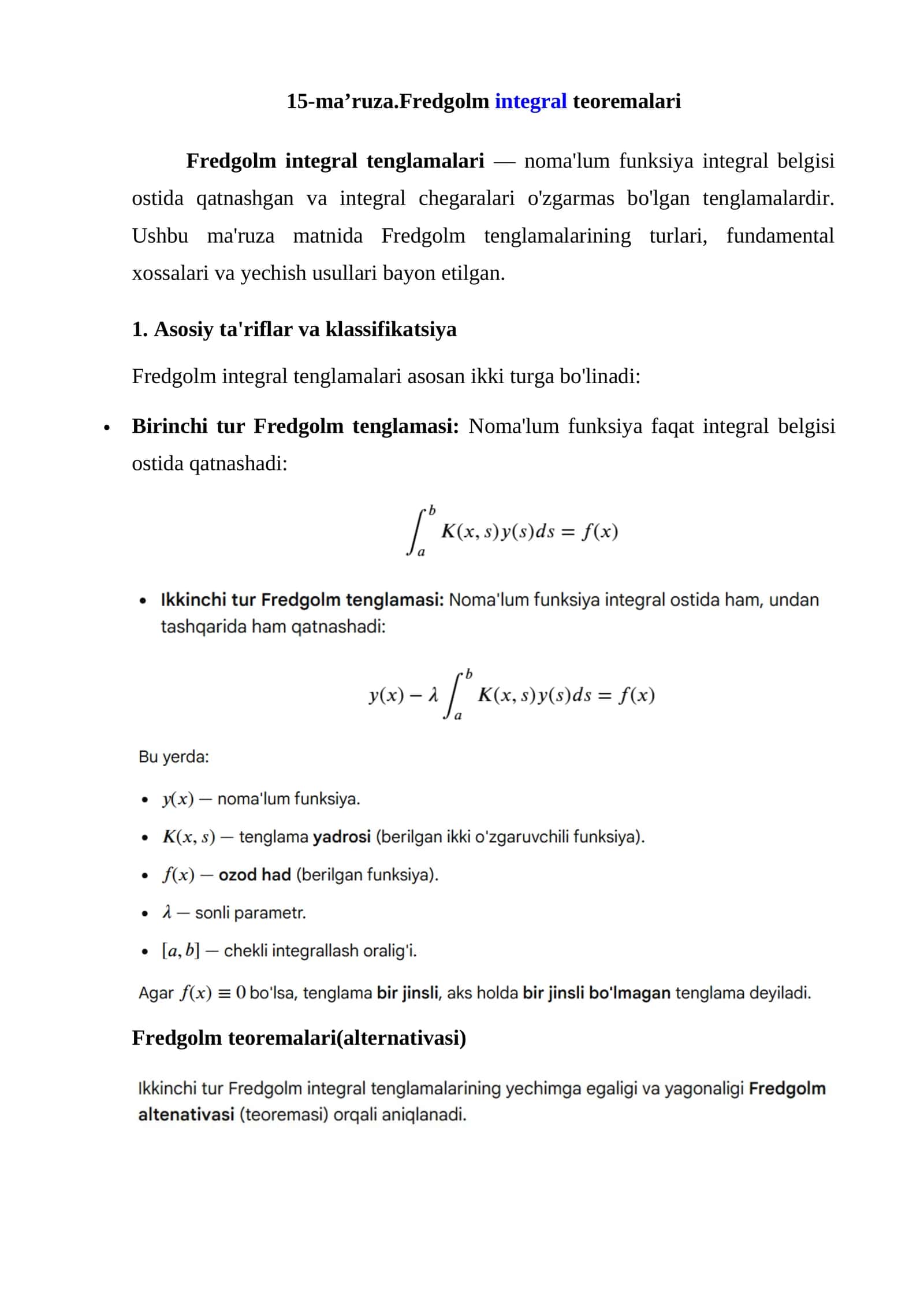 Fredgolm integral teoremalari 1