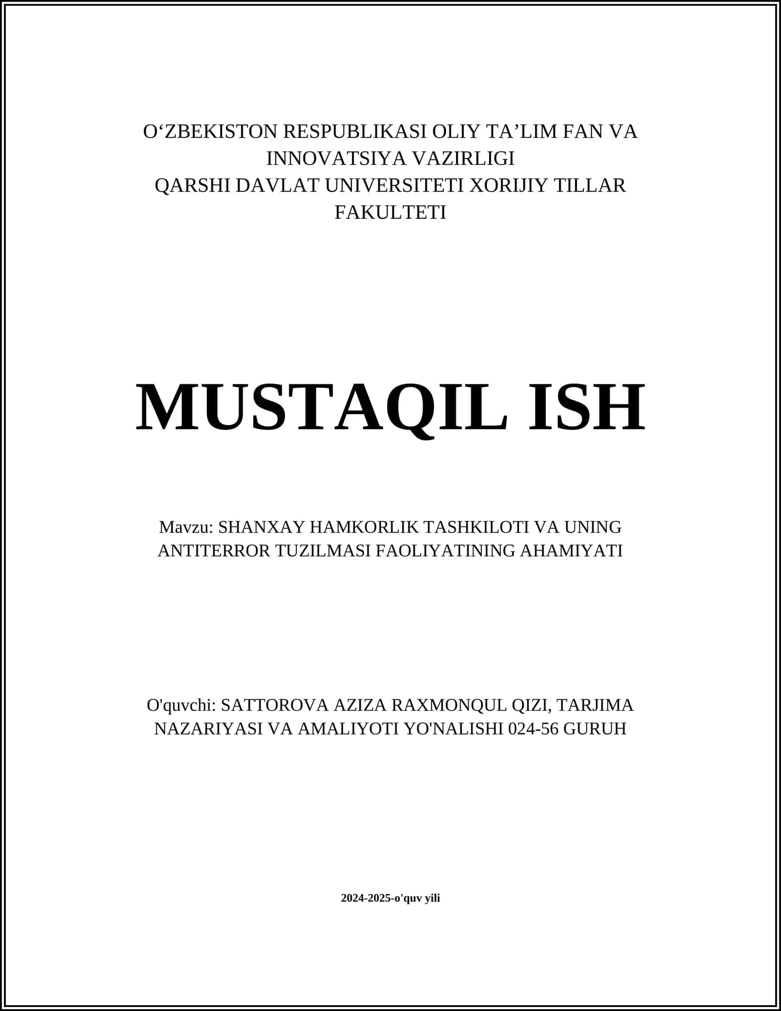 Shanxay Hamkorlik Tashkiloti Vazirligi va uning Antiterror Tuzilmasi Faoliyati 1