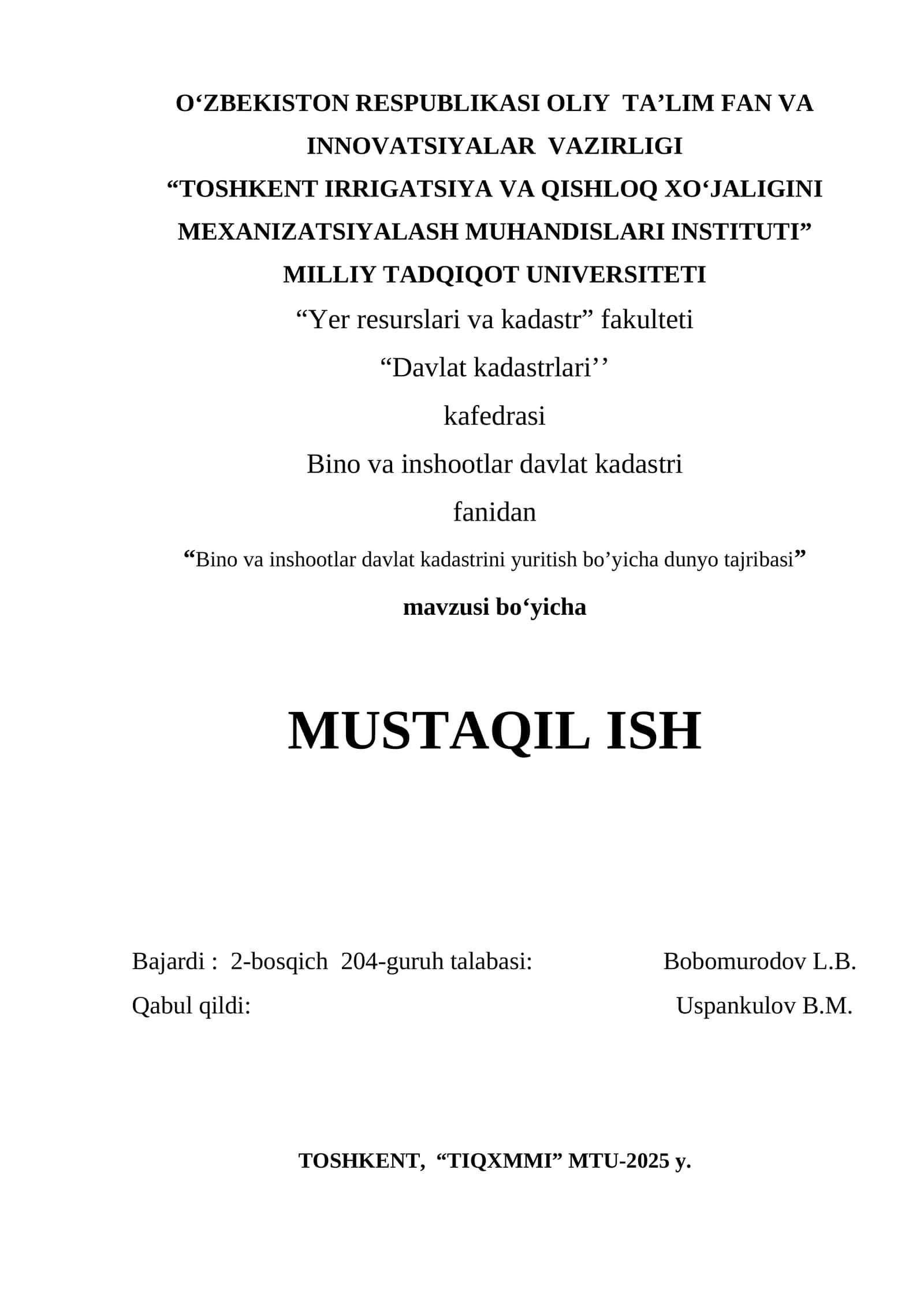 Bino va inshootlar davlat kadastrini yuritish bo’yicha dunyo tajribasi 1