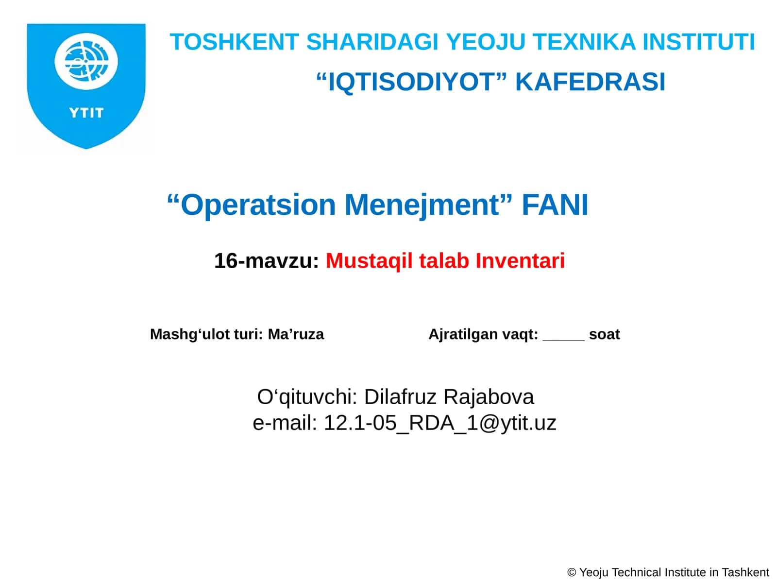 Operatsion Menejment Fanida Mustaqil talab Inventari 1