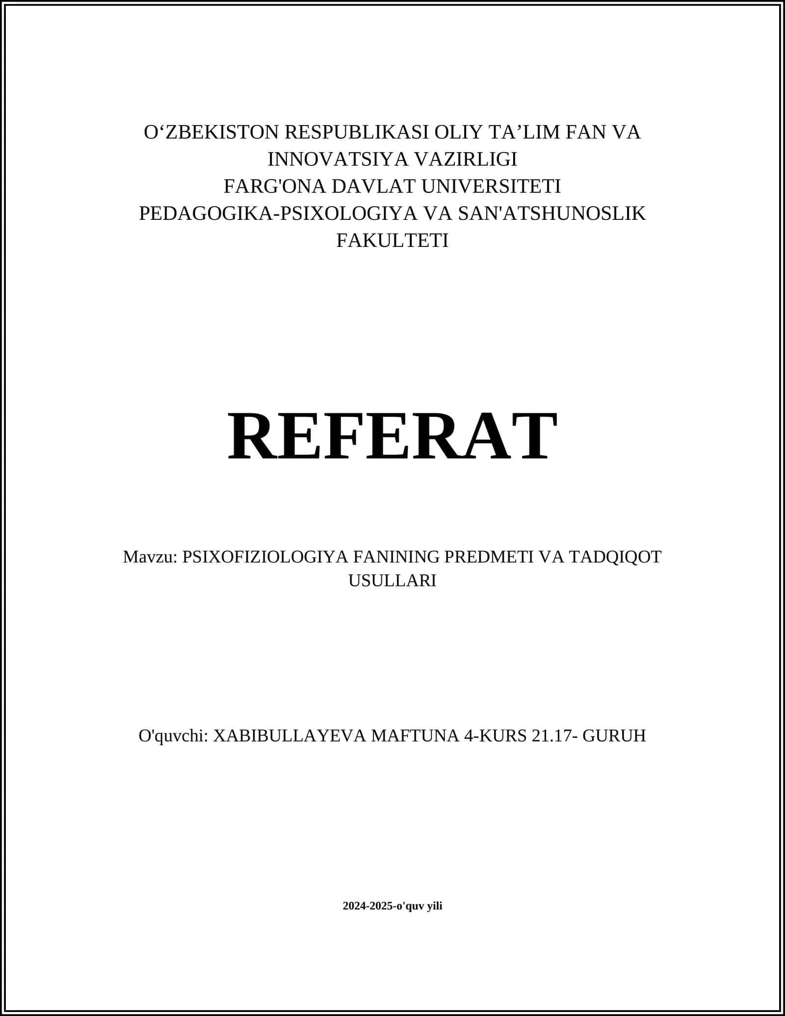 PSIXOFIZIOLOGIYA FANINING PREDMETI VA TADQIQOT USULLARI 1