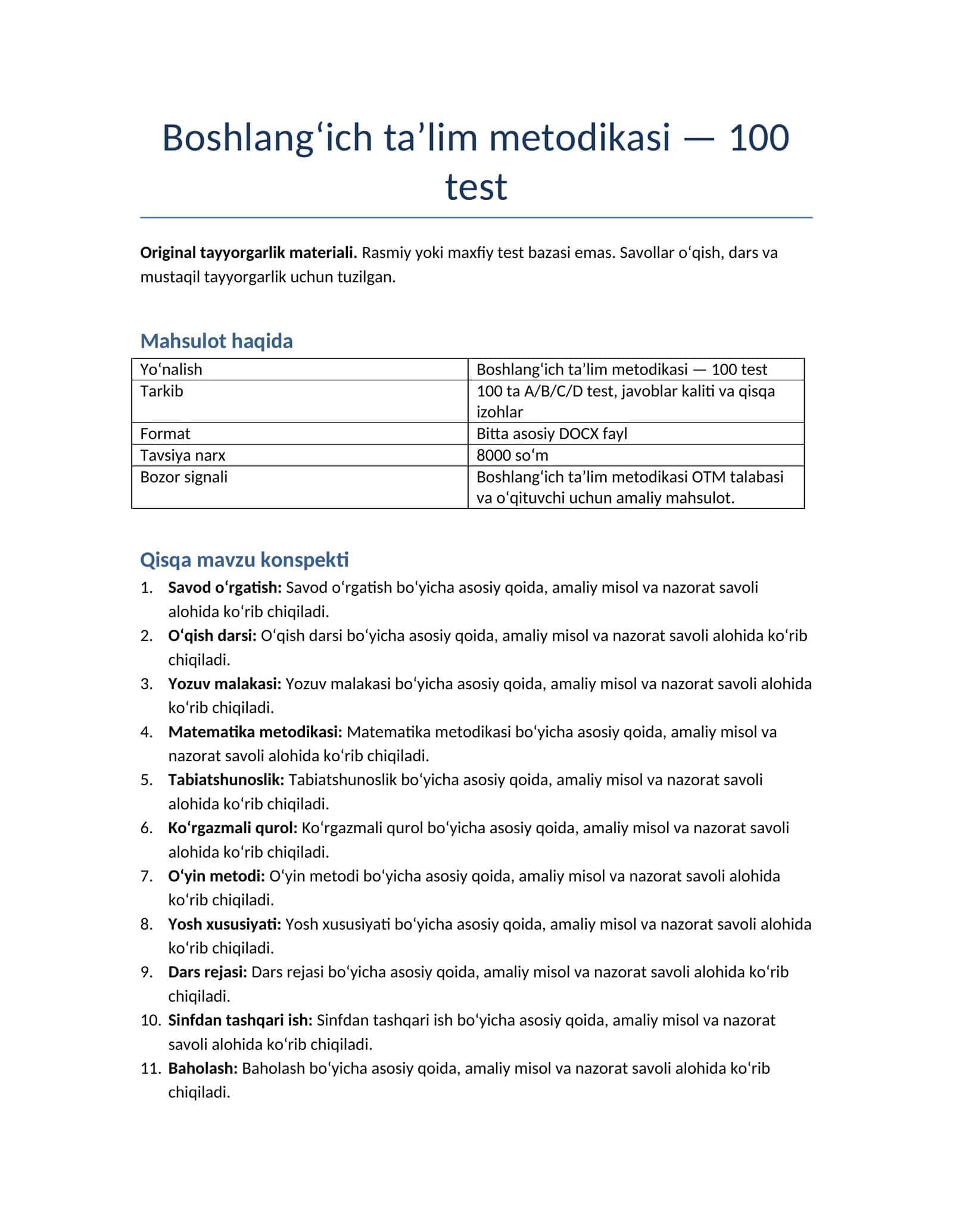 Boshlang‘ich ta’lim metodikasi — 100 test 1