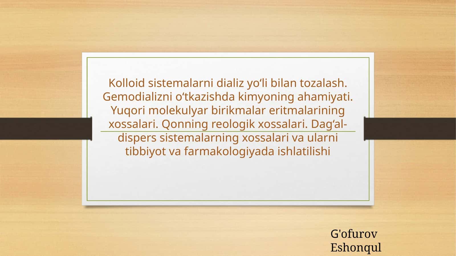 Kolloidsistemalarnidializyo‘libilantozalash.Gemodializnio‘tkazishdakimyoningahamiyati.Yuqorimolekulyarbirikmalareritmalariningxossalari.Qonningreologikxossalari.Dag‘al-disperssistemalarningxossalarivaularnitibbiyotvafarmakologiyadaishlatilishi 1