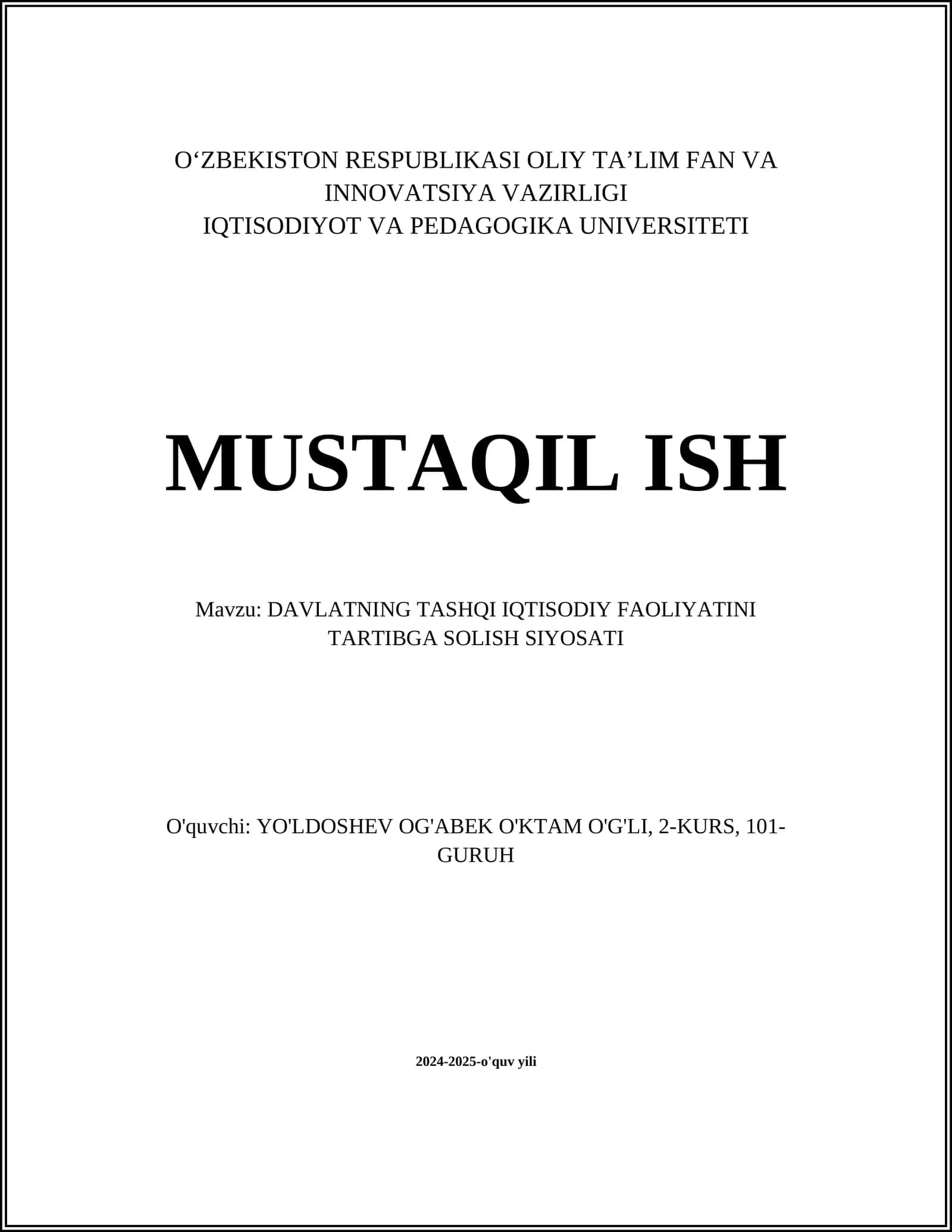 DAVLATNING TASHQI IQTISODIY FAOLIYATINI TARTIBGA SOLISH SIYOSATI 1