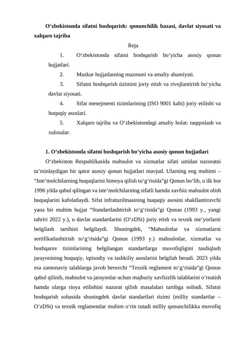 O‘zbekistonda sifatni boshqarish: qonunchilik bazasi, davlat siyosati va xalqaro tajriba 1