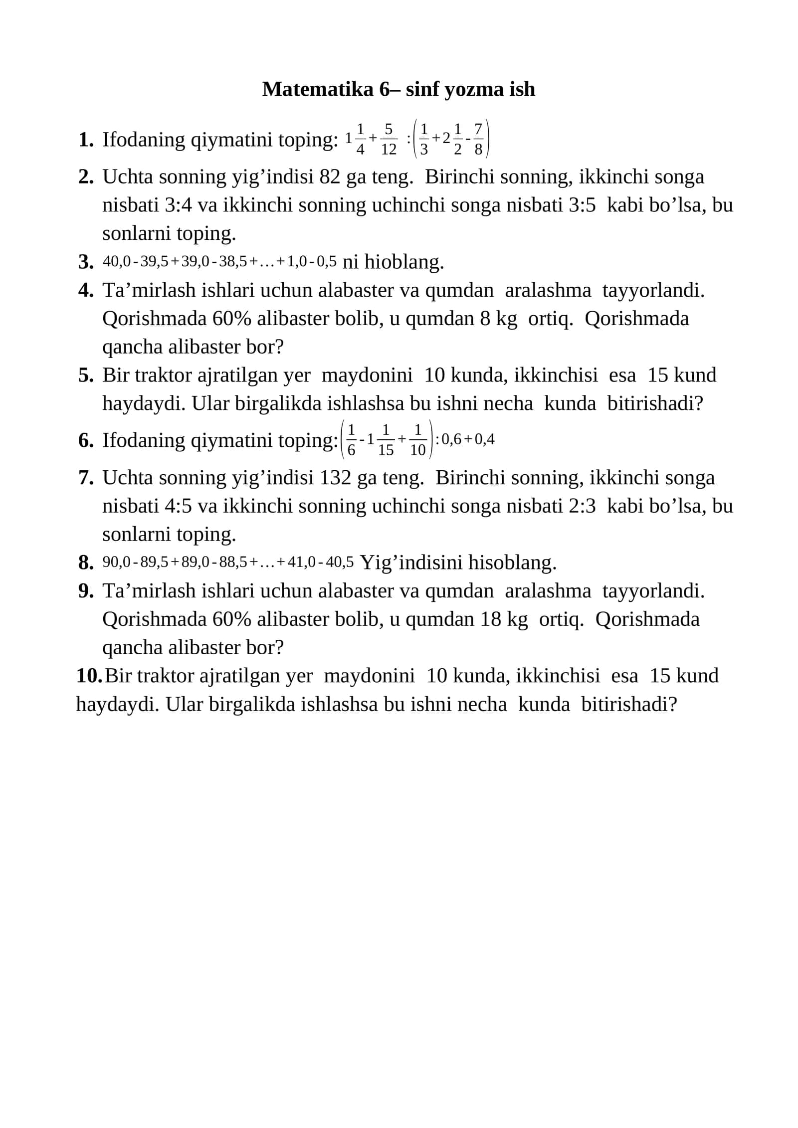 Matematika 6– sinf yozma ish 1
