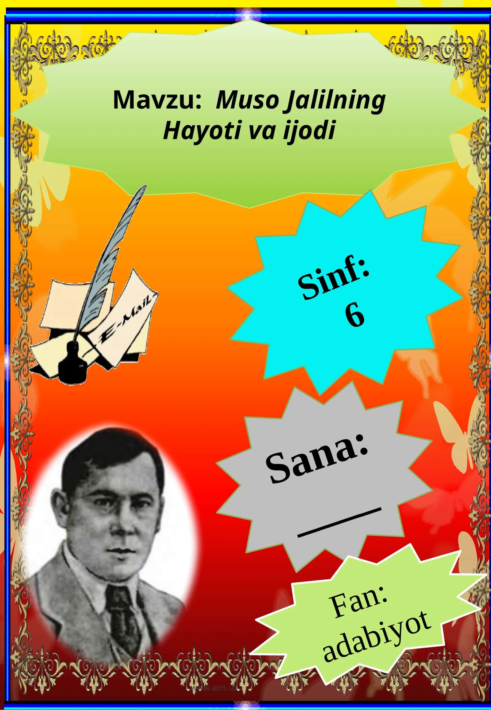 6-sinf Adabiyot fanidan Muso Jalil hayoti va ijodi dars taqdimot 1