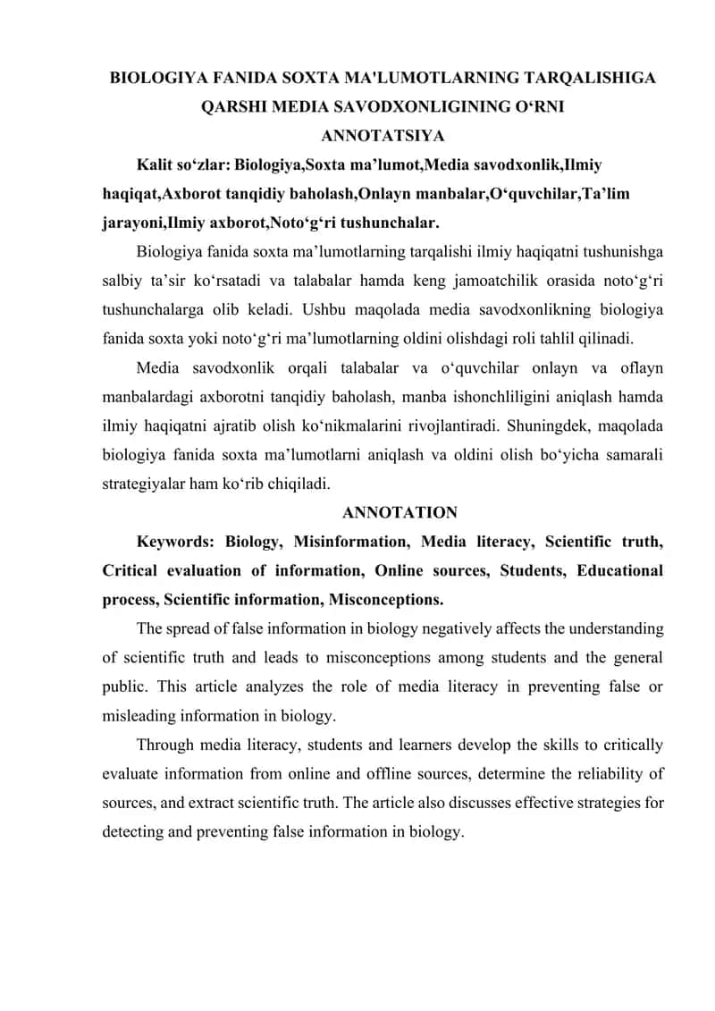 BIOLOGIYA FANIDA SOXTA MA'LUMOTLARNING TARQALISHIGA QARSHI MEDIA SAVODXONLIGINING O‘RNI 1