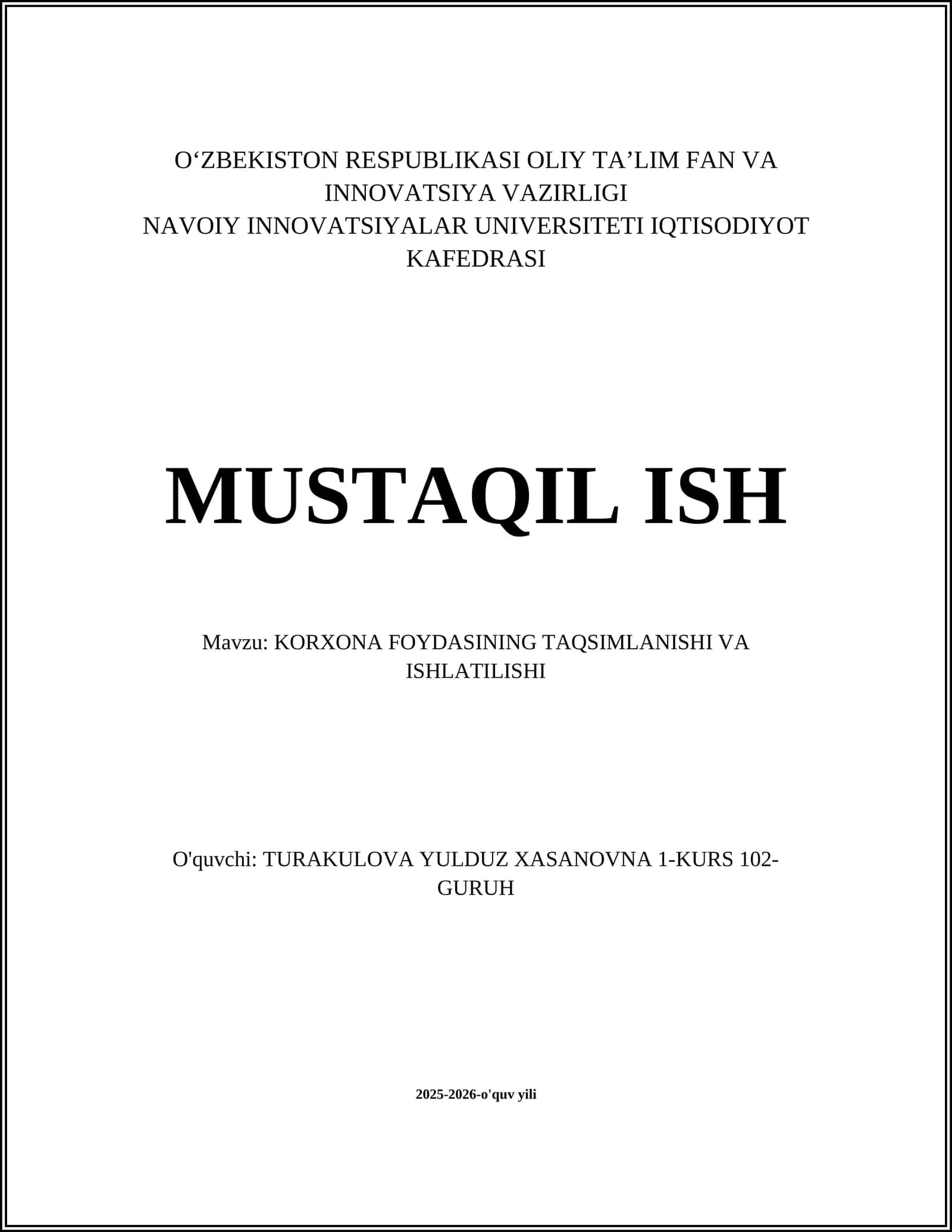 KORXONA FOYDASINING TAQSIMLANISHI VA ISHLATILISHI 1