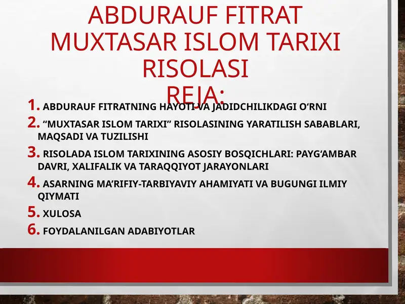 Abdurauf Fitratning "Muxtasar islom tarixi" risolasi 1