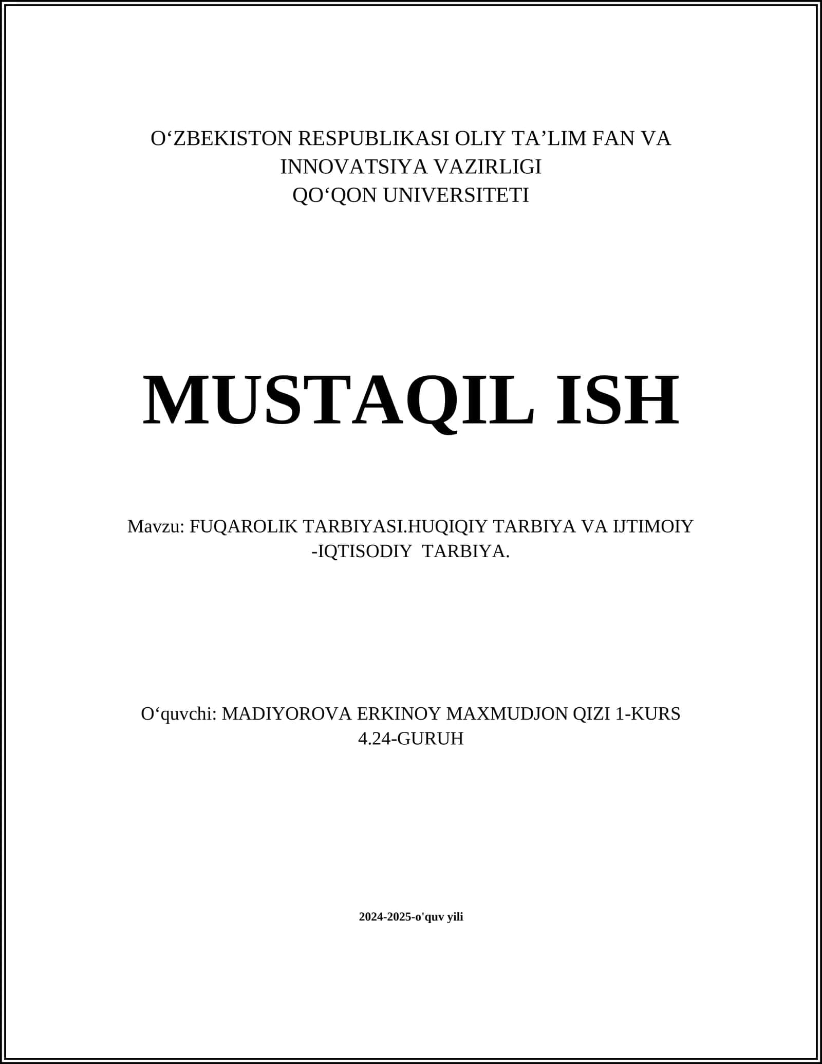 FUQAROLIK TARBIYASI.HUQIQIY TARBIYA VA IJTIMOIY -IQTISODIY TARBIYA 1