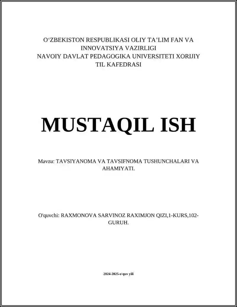 TAVSIYANOMA VA TAVSIFNOMA TUSHUNCHALARI VA AHAMIYATI