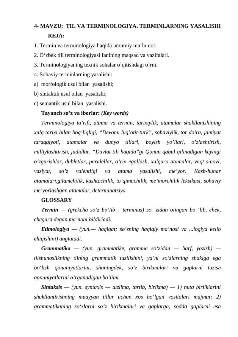 TILVA TERMINOLOGIYA. TERMINLARNING YASALISHI 1