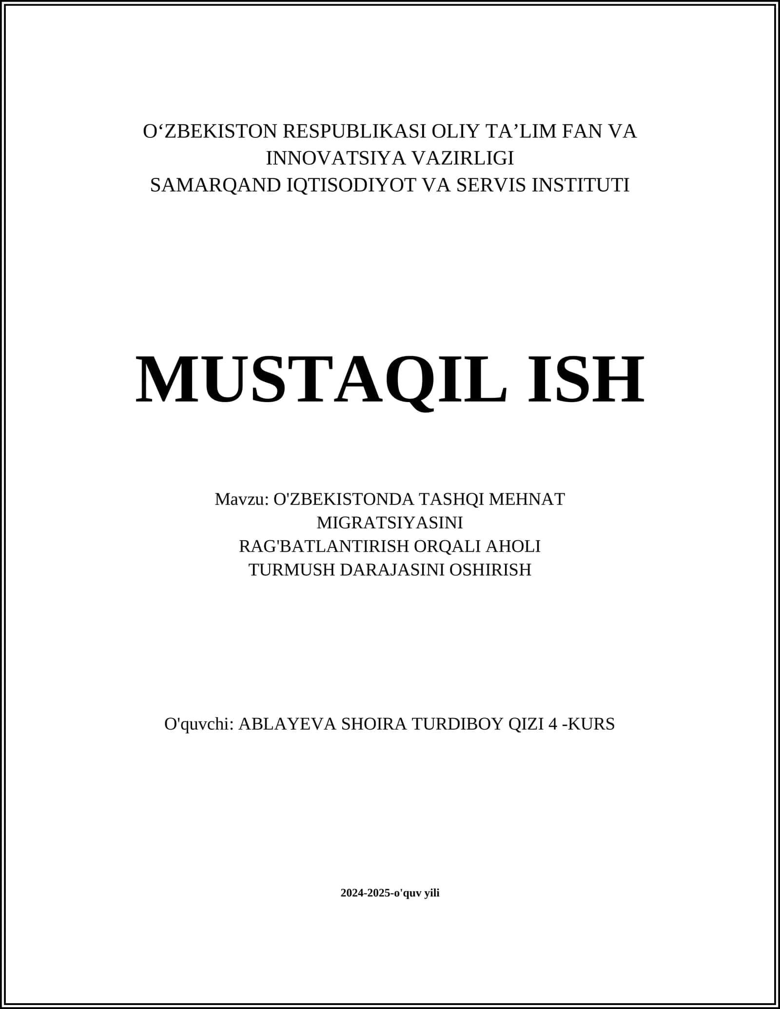 O'ZBEKISTONDA TASHQI MEHNAT MIGRATSIYASINI RAG'BATLANTIRISH ORQALI AHOLI TURMUSH DARAJASINI OSHIRISH 1