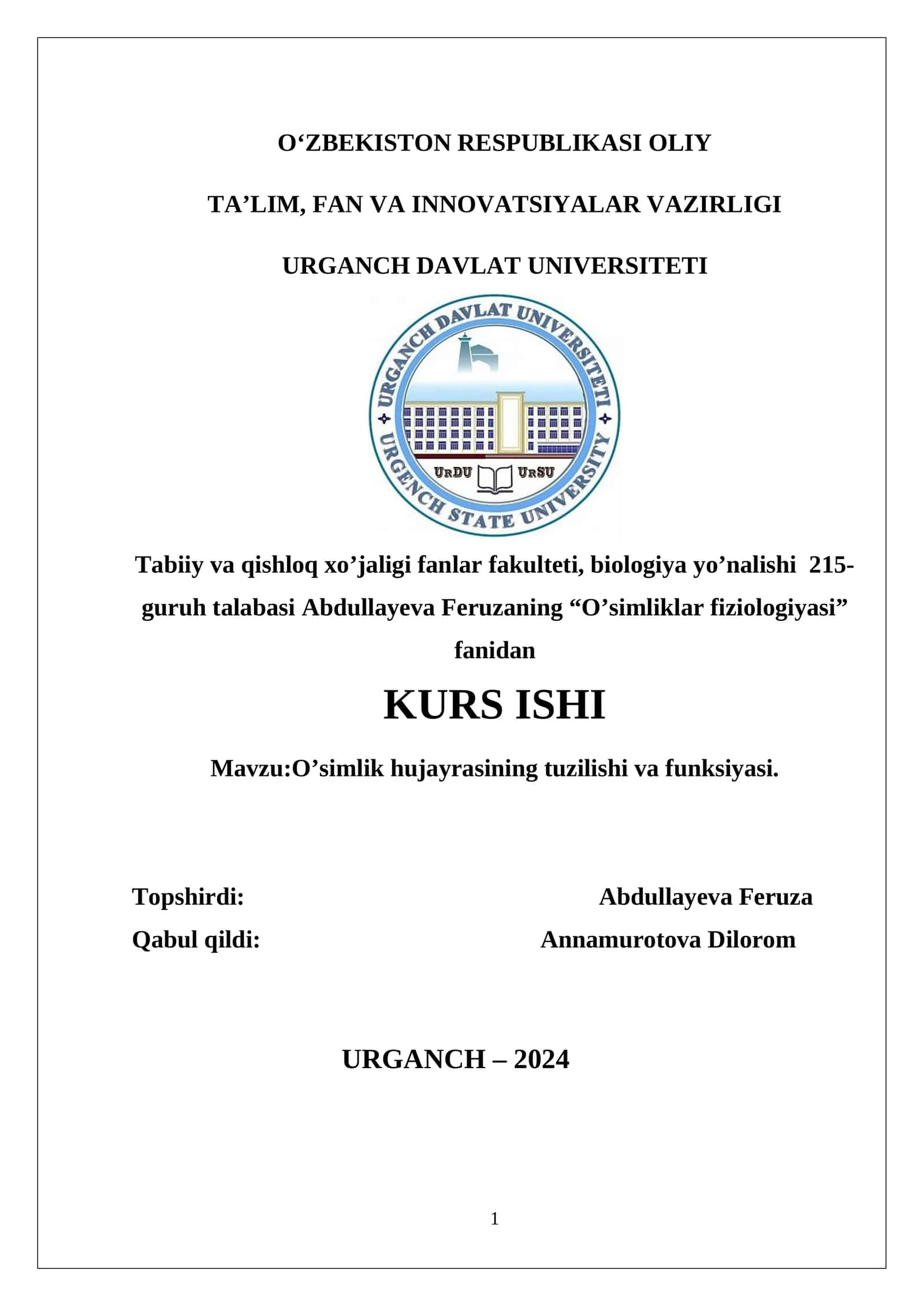 O’simlik hujayrasining tuzilishi va funksiyasi 1