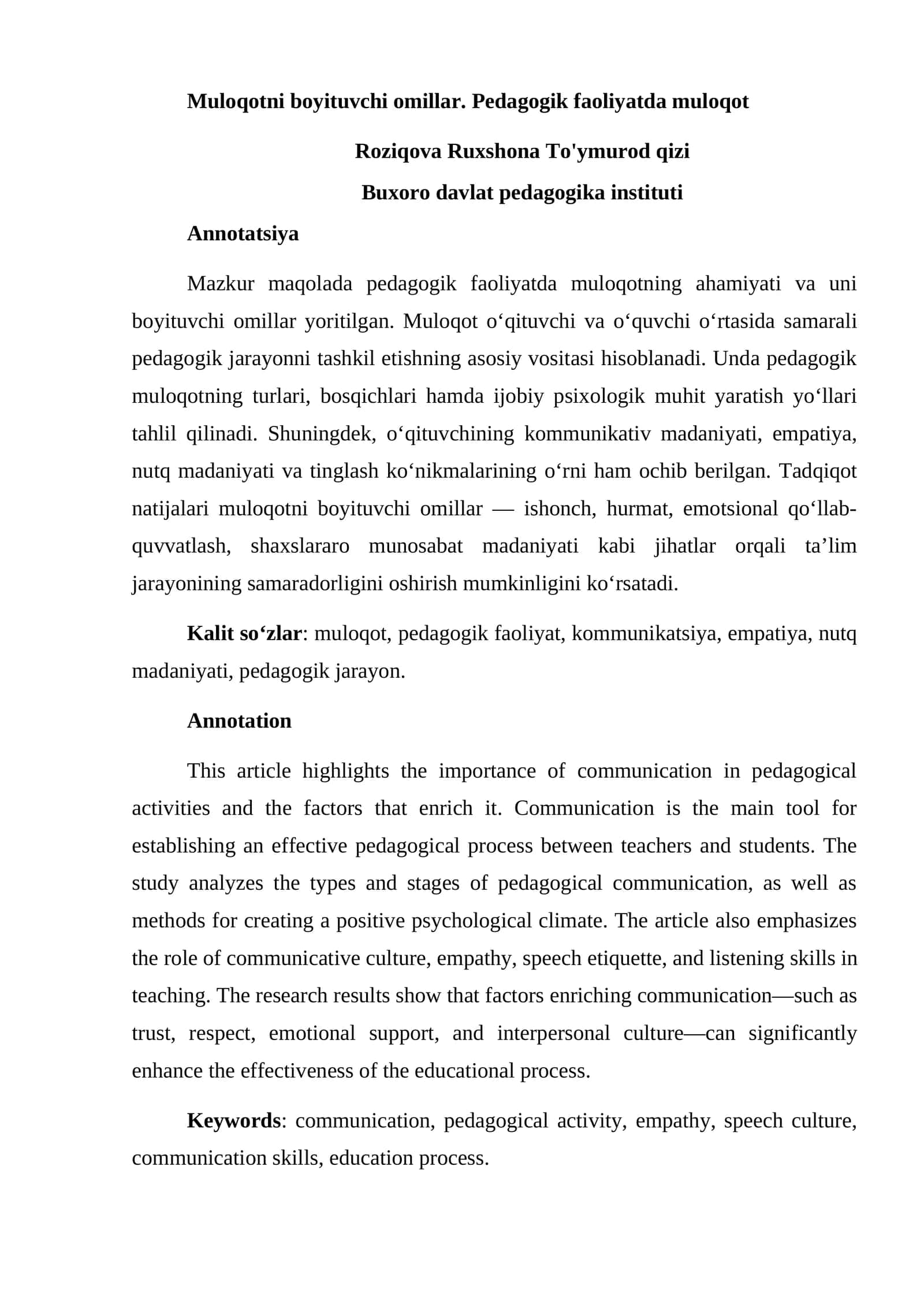 Muloqotni boyituvchi omillar. Pedagogik faoliyatda muloqot 1
