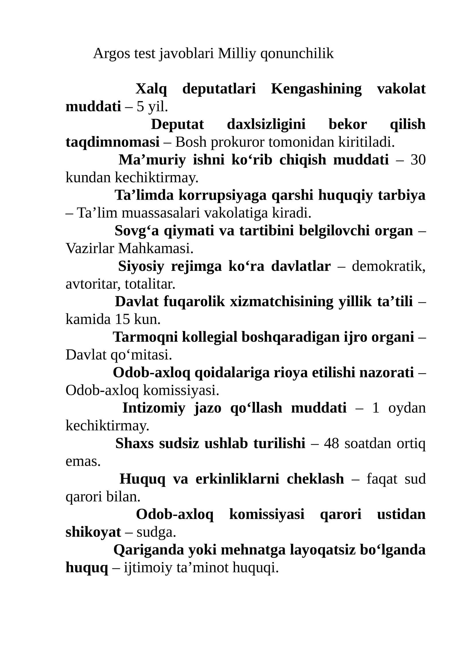 Argos test javoblari Milliy qonunchilik 1