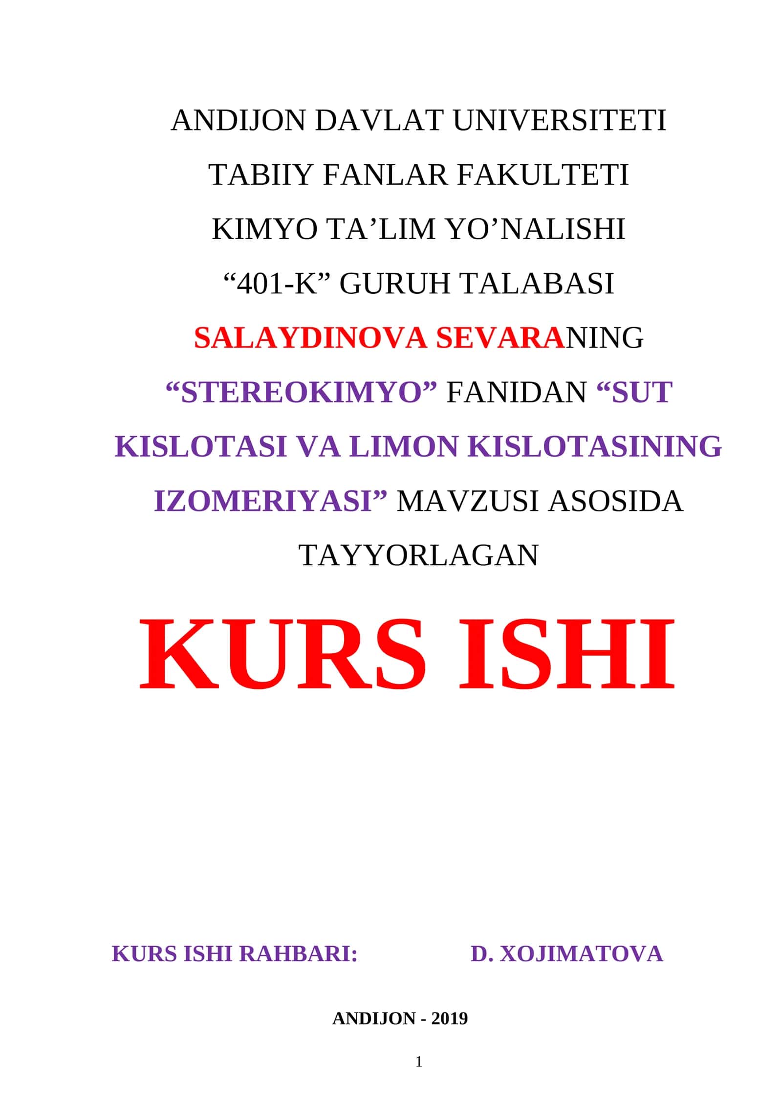 “Sut kislotasi va limon kislotasining izomeriyasi” mavzusi asosida tayyorlagan kurs ishi 1