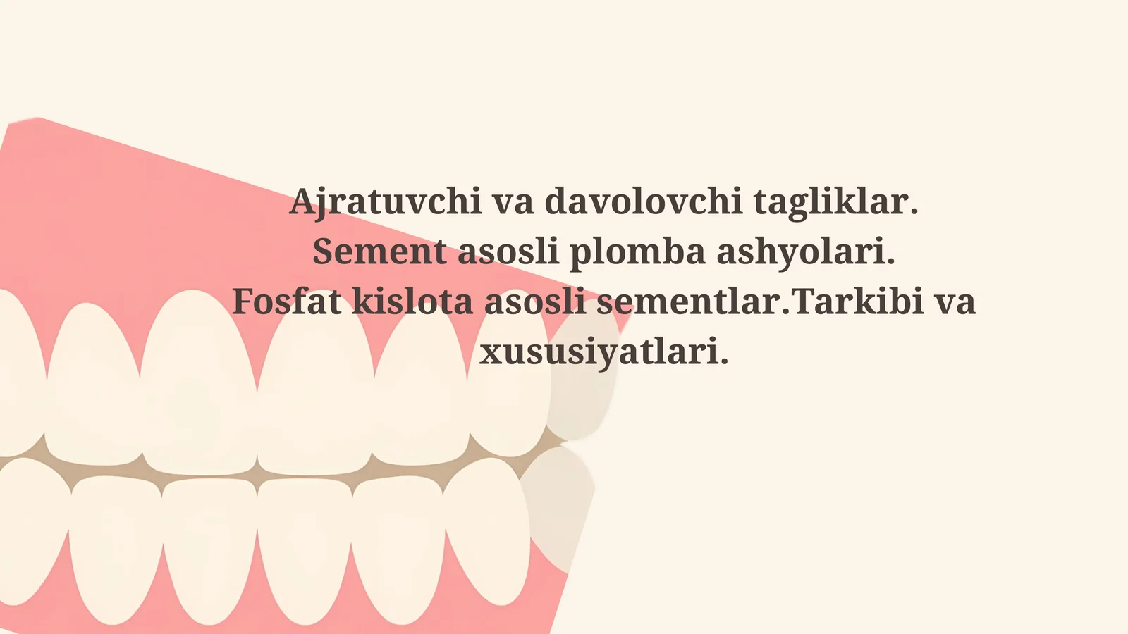 Ajratuvchi va davolovchi tagliklar. Sement asosli plomba ashyolari. Fosfat kislota asosli sementlar.Tarkibi va xususiyatlari 1
