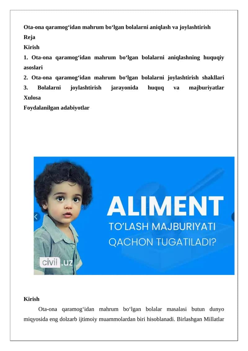 Ota-ona qaramog‘idan mahrum bo‘lgan bolalarni aniqlash va joylashtirish 1