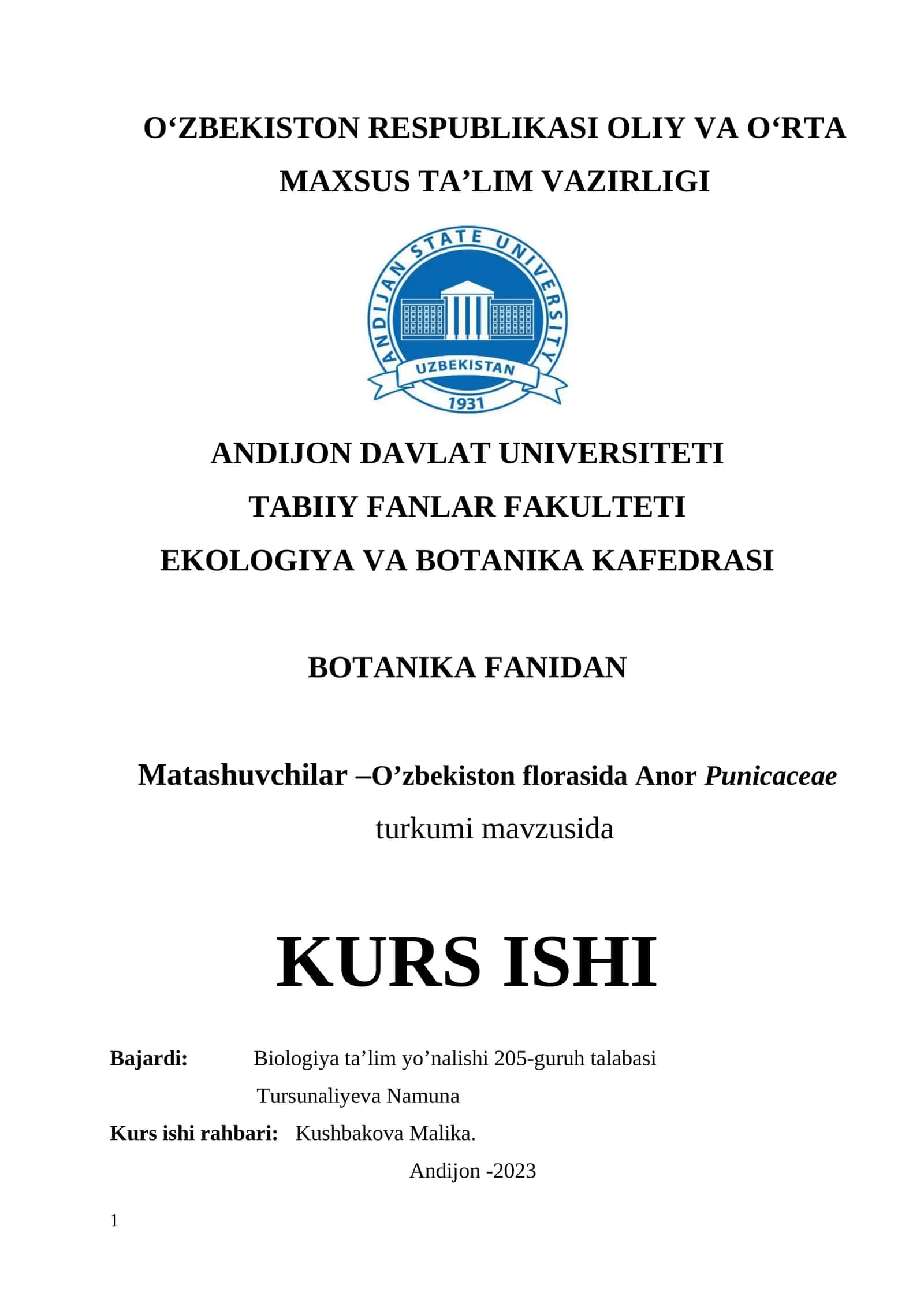 Anor Punicaceae turkumi mavzusida KURS ISHI 1