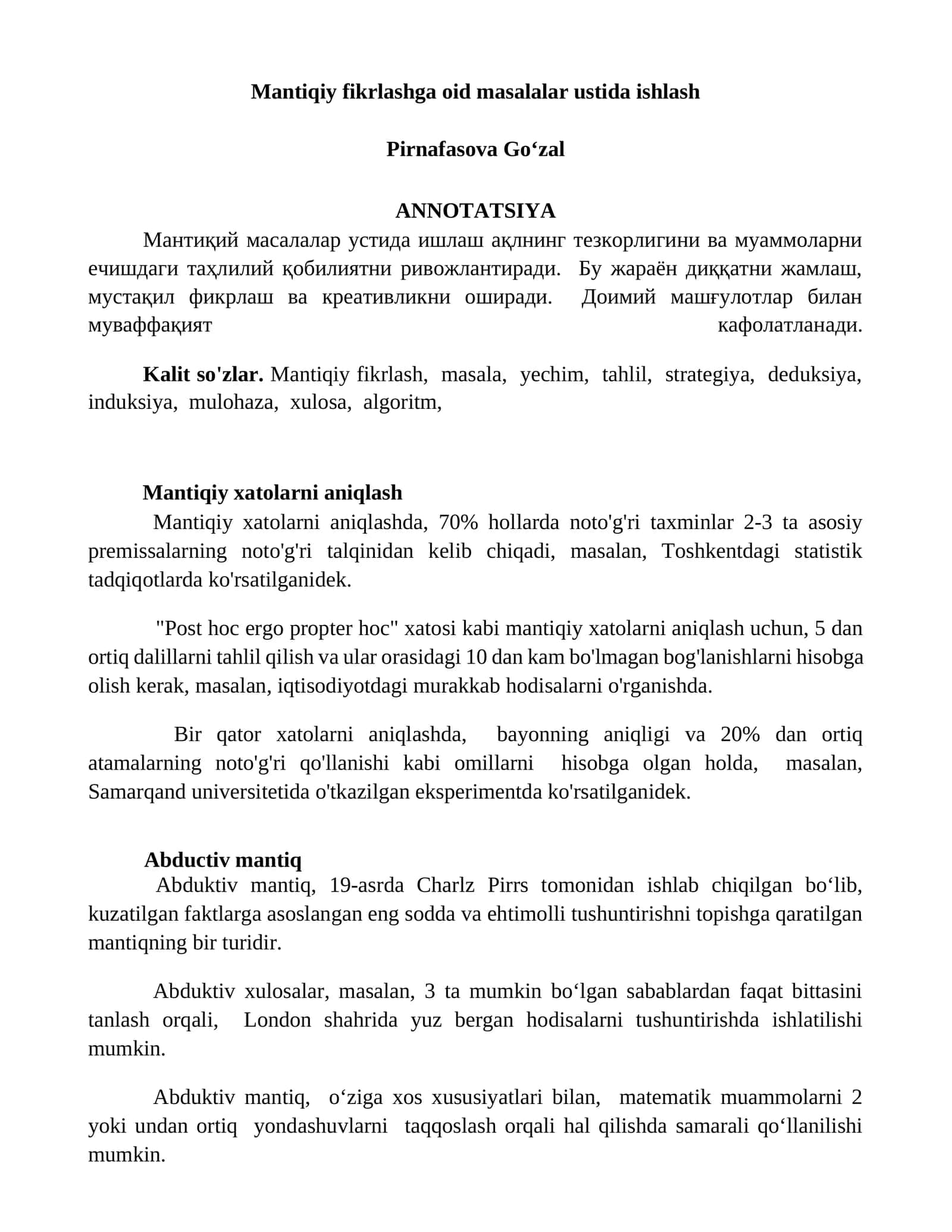 Mantiqiy fikrlashga oid masalalar ustida ishlash 1