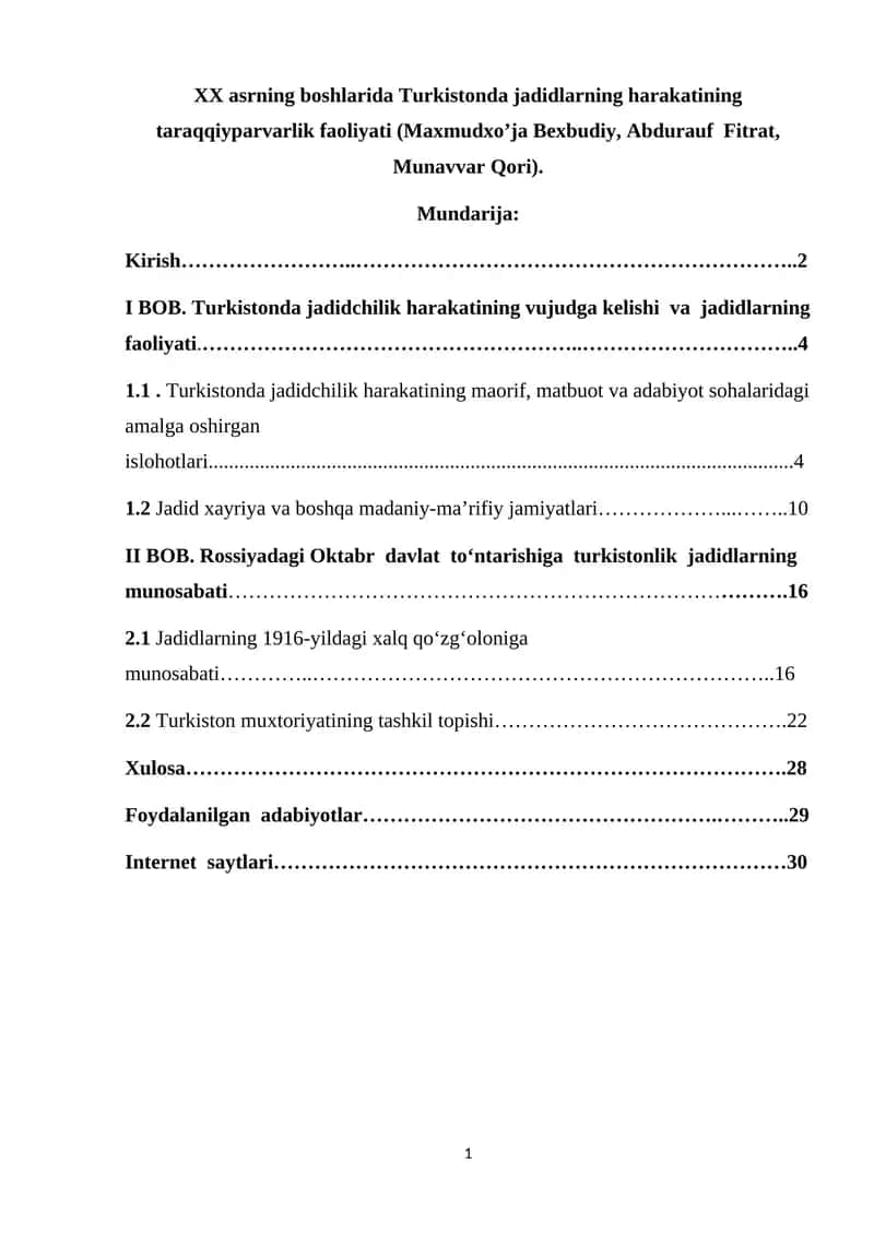 Turkistonda jadidlarning harakatining taraqqiyparvarlik faoliyati 1