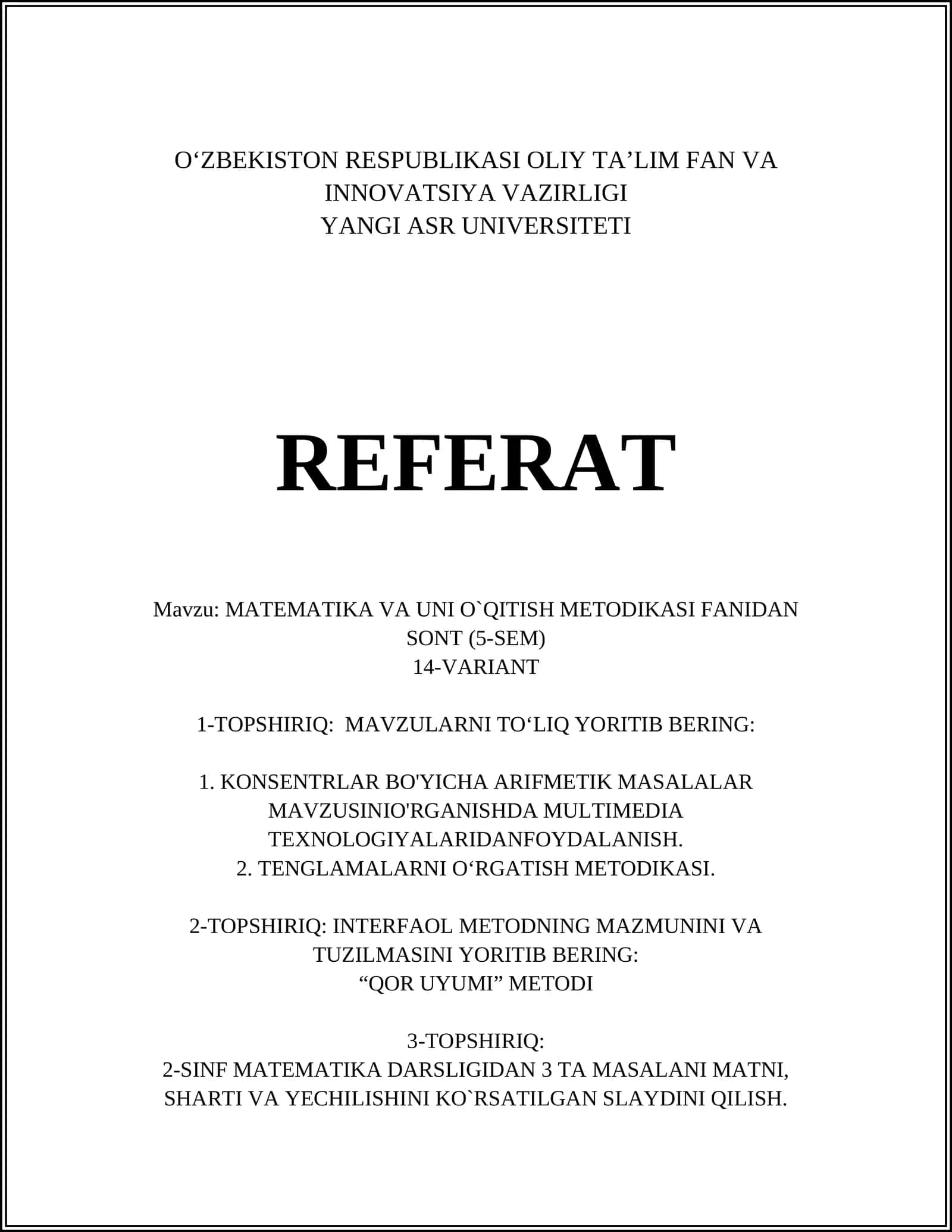 MATEMATIKA VA UNI O`QITISH METODIKASI FANIDAN SONT (5-SEM) 1