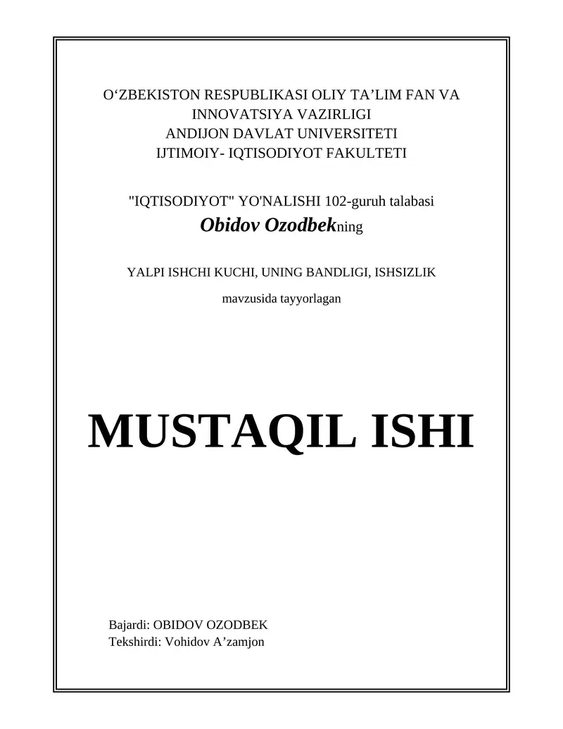 Yalpi ishchi kuchi, uning bandligi, ishsizlik 1