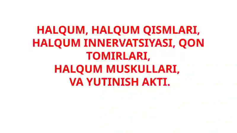 HALQUM, HALQUM QISMLARI, HALQUM INNERVATSIYASI, QON TOMIRLARI, HALQUM MUSKULLARI, VA YUTINISH AKTI.