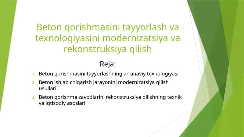 Beton qorishmasini tayyorlash va texnologiyasini modernizatsiya va rekonstruksiya qilish 1
