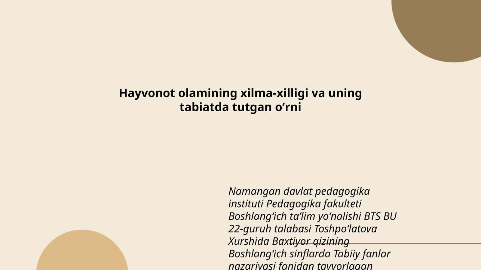 Hayvonot olamining xilma-xilligi va uning tabiatda tutgan oʻrni 1