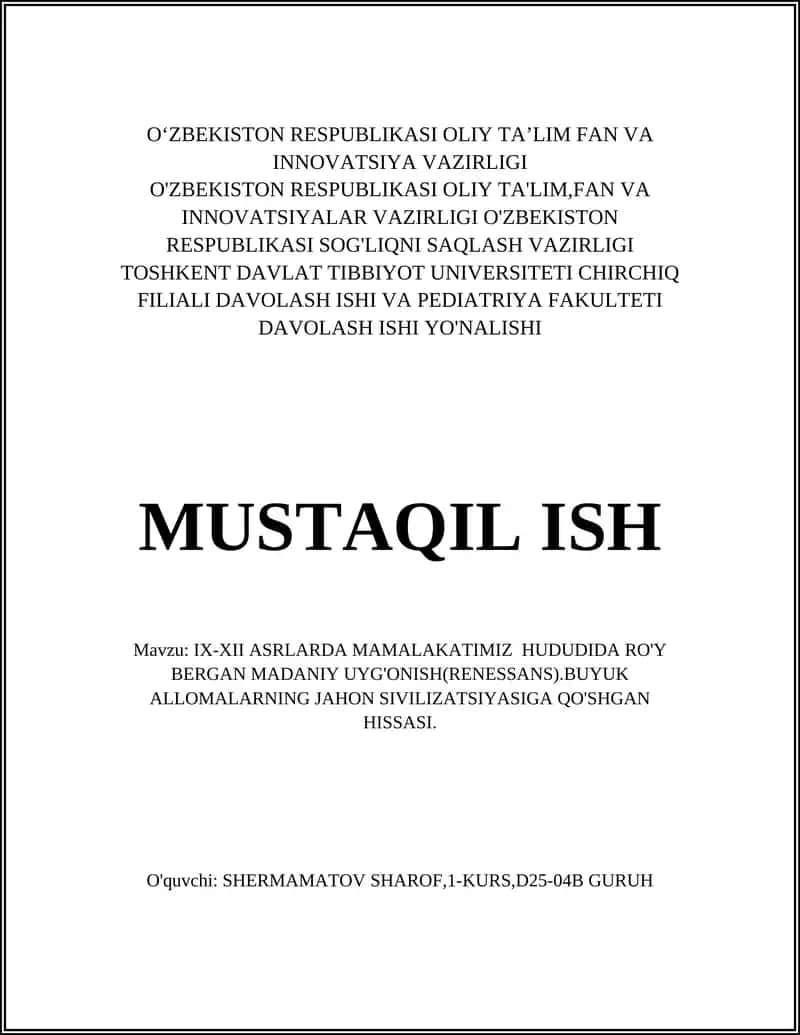 IX-XII ASRLARDA MAMALAKATIMIZ HUDUDIDA RO'Y BERGAN MADANIY UYG'ONISH(RENESSANS) 1