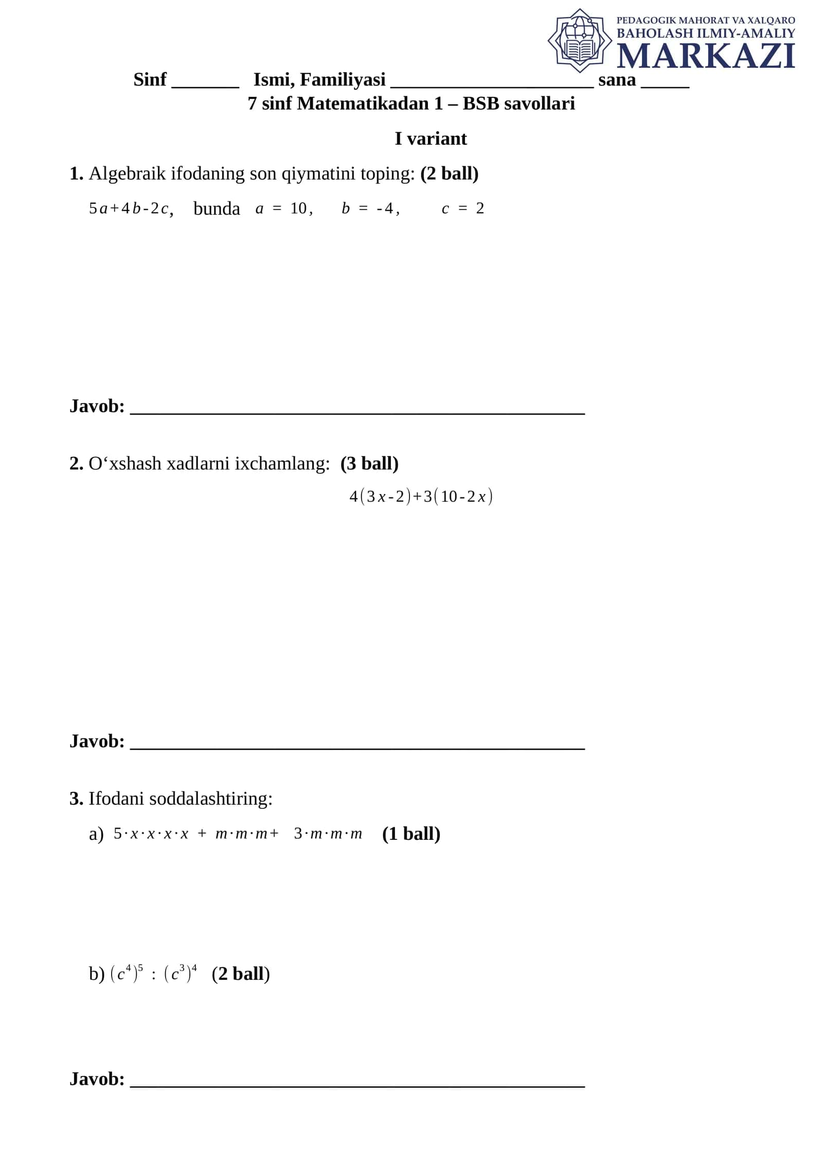 7-sinf Matematikadan BSB savollari 1