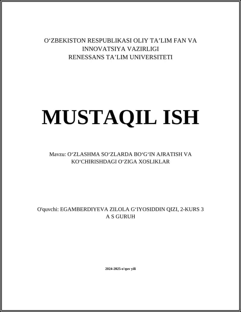 O‘ZLASHMA SOʻZLARDA BOʻGʻIN AJRATISH VA KOʻCHIRISHDAGI O‘ZIGA XOSLIKLAR 1