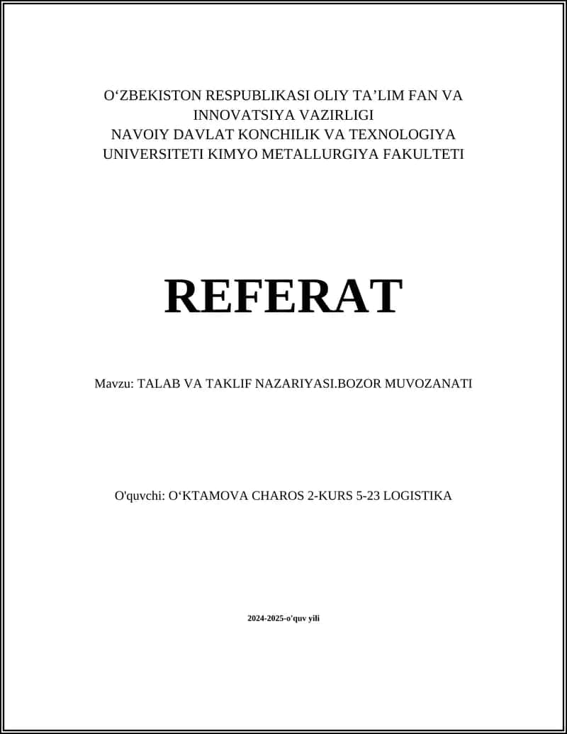TALAB VA TAKLIF NAZARIYASI.BOZOR MUVOZANATI 1