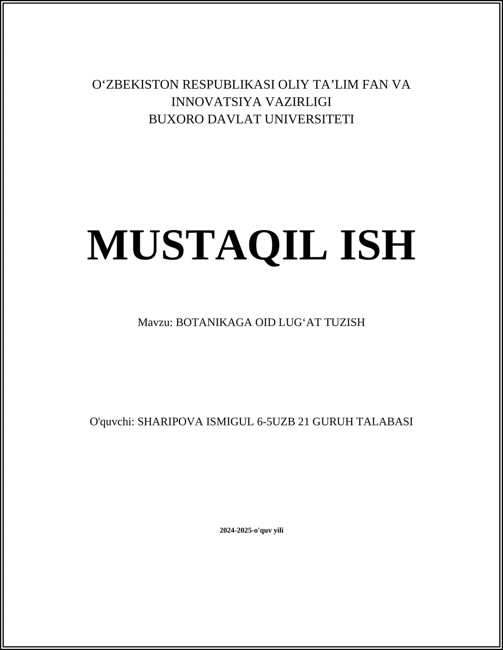 MUSTAQIL ISH Mavzu: BOTANIKAGA OID LUGʻAT TUZISH 1