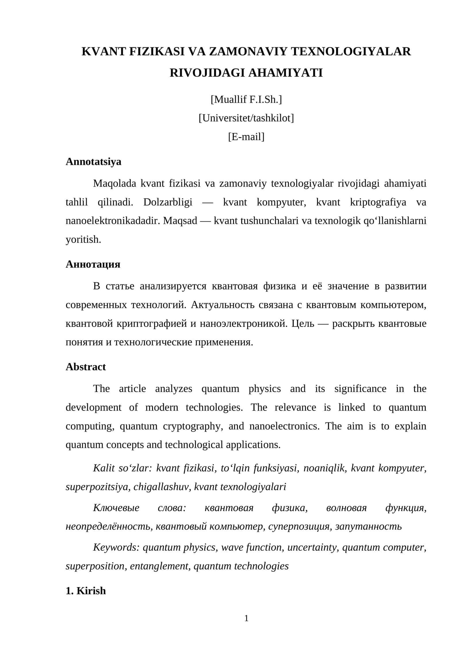 KVANT FIZIKASI VA ZAMONAVIY TEXNOLOGIYALAR RIVOJIDAGI AHAMIYATI 1