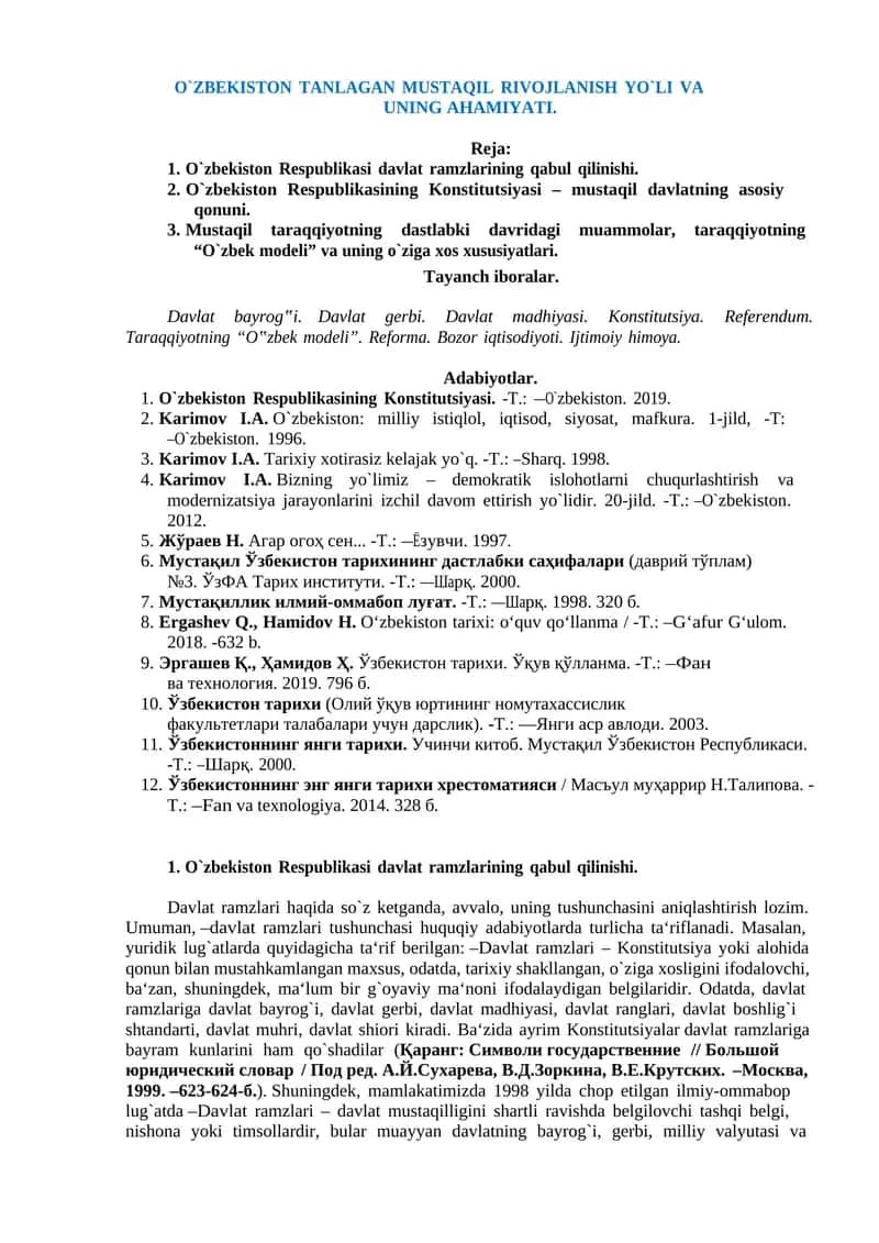 O`ZBEKISTON TANLAGAN MUSTAQIL RIVOJLANISH YO`LI VA UNING AHAMIYATI 1