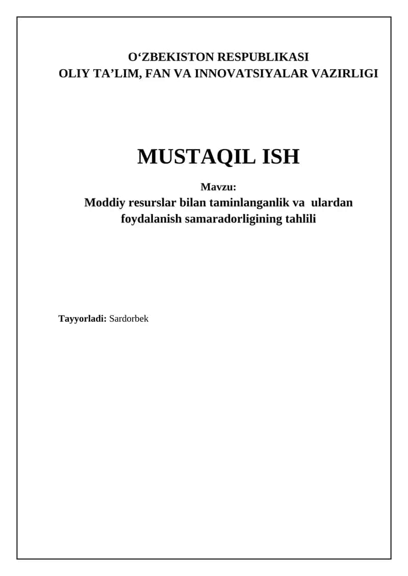 Moddiy resurslar bilan ta'minlanganlikni baholash 1