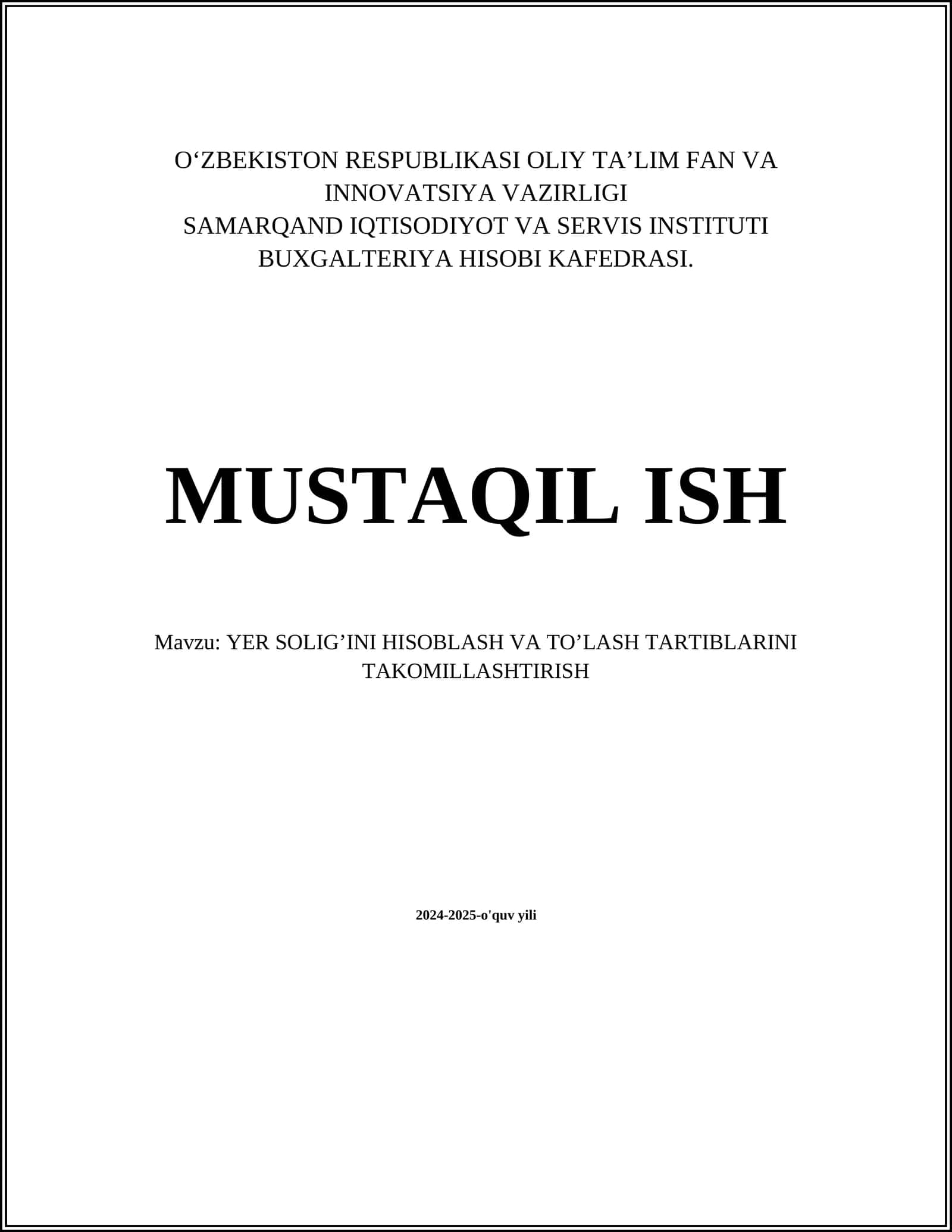 Yer soliğini hisoblash va to'lashing tartiblarini takomillashtirish 1