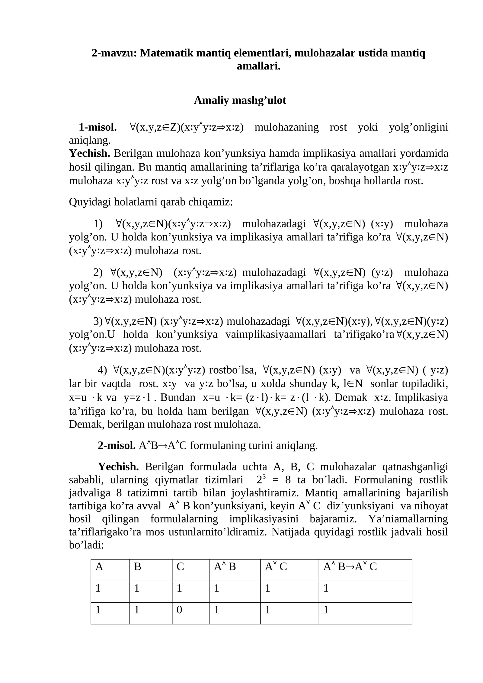 Matematik mantiq elementlari, mulohazalar ustida mantiq amallari 1