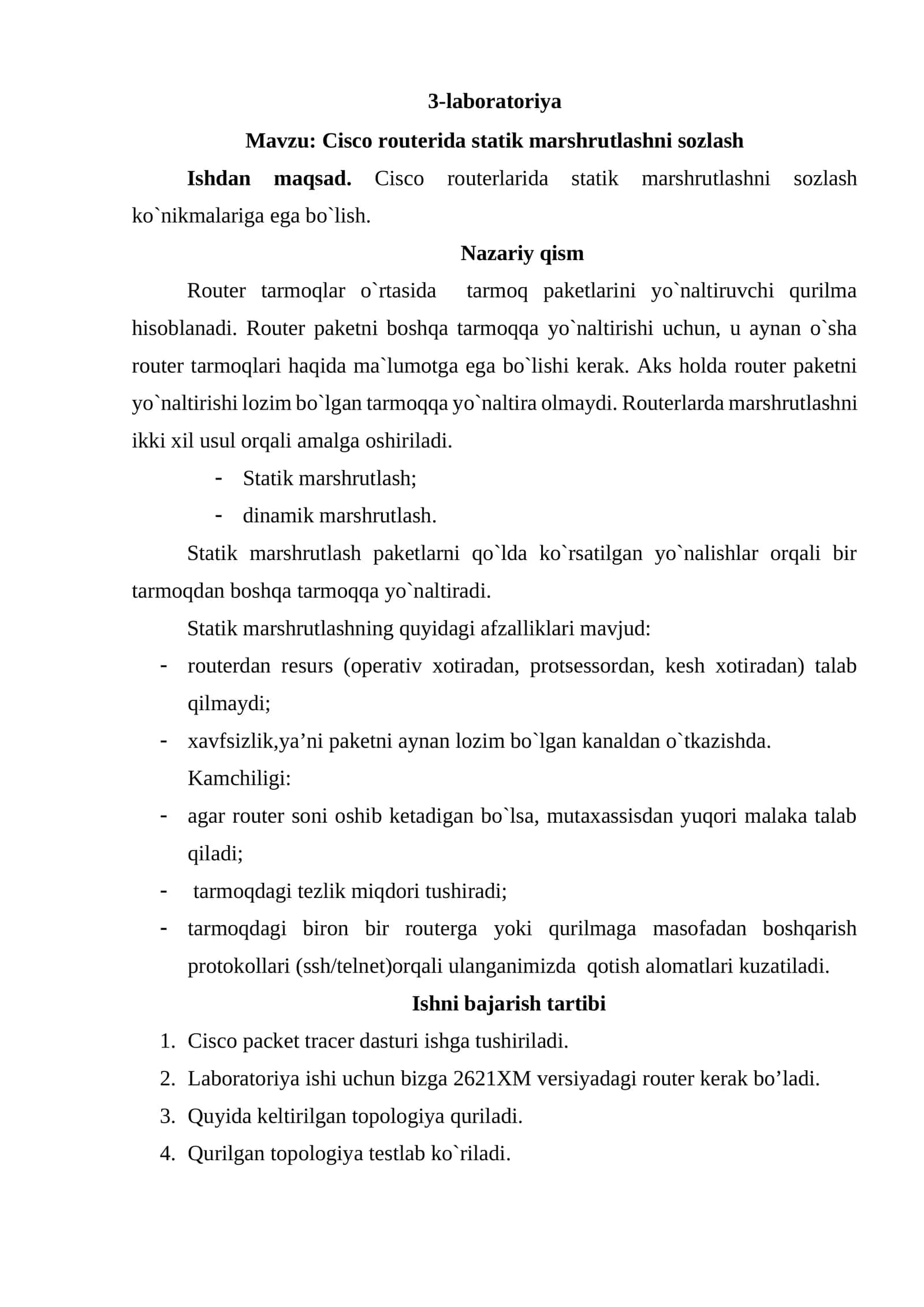 Cisco routerida statik marshrutlashni sozlash 1