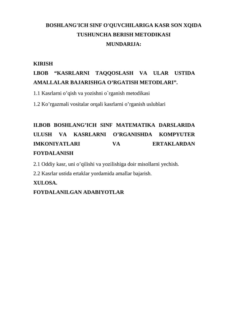 BOSHLANG'ICH SINF O'QUVCHILARIGA KASR SON XQIDA TUSHUNCHA BERISH METODIKASI 1